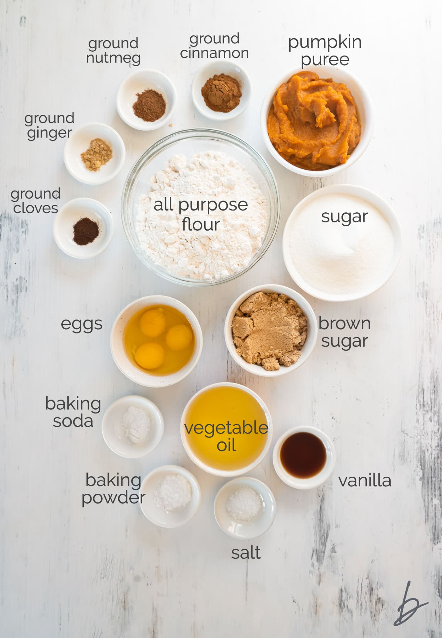 pumpkin bundt cake ingredients in bowls labeled with text