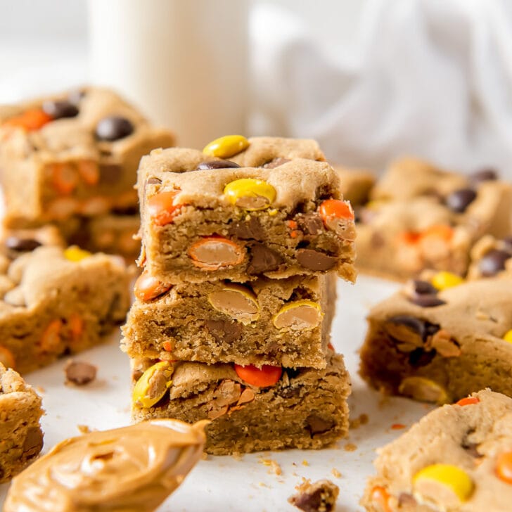 stack of three reese's pieces peanut butter blondies