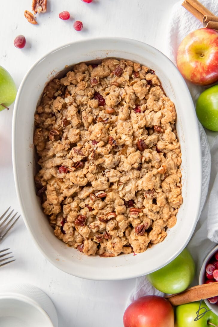 apple cranberry crisp in oval 2-quart baking dish