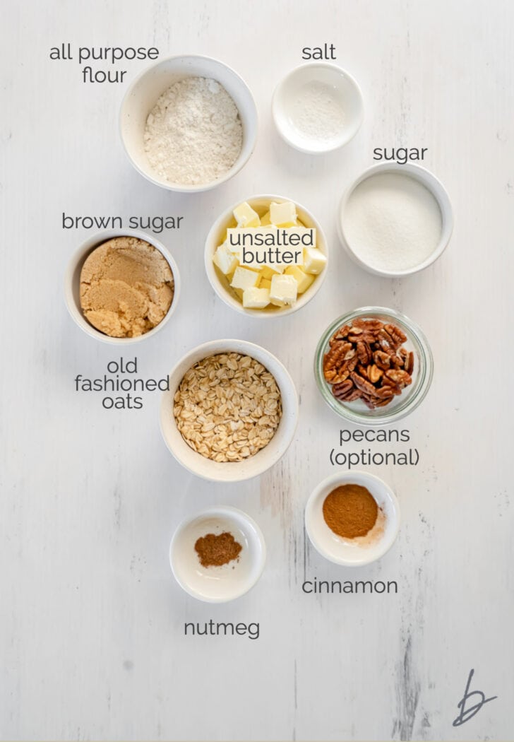 crisp topping ingredients in bowls labeled with text