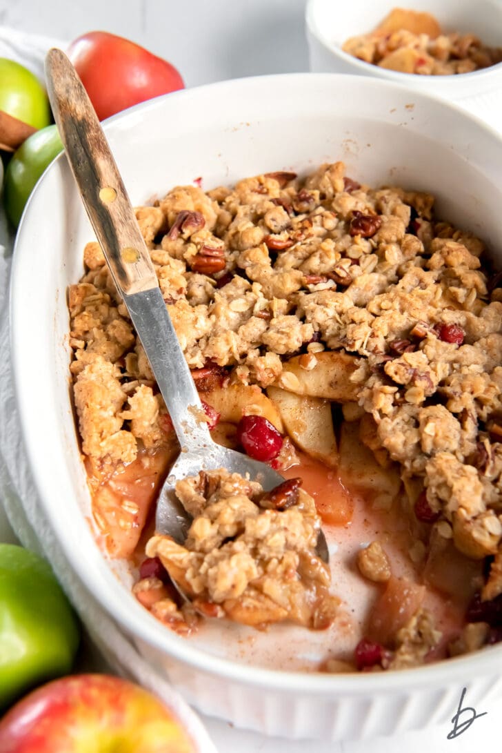 serving spoon holding scoop of apple cranberry crisp in a serving dish