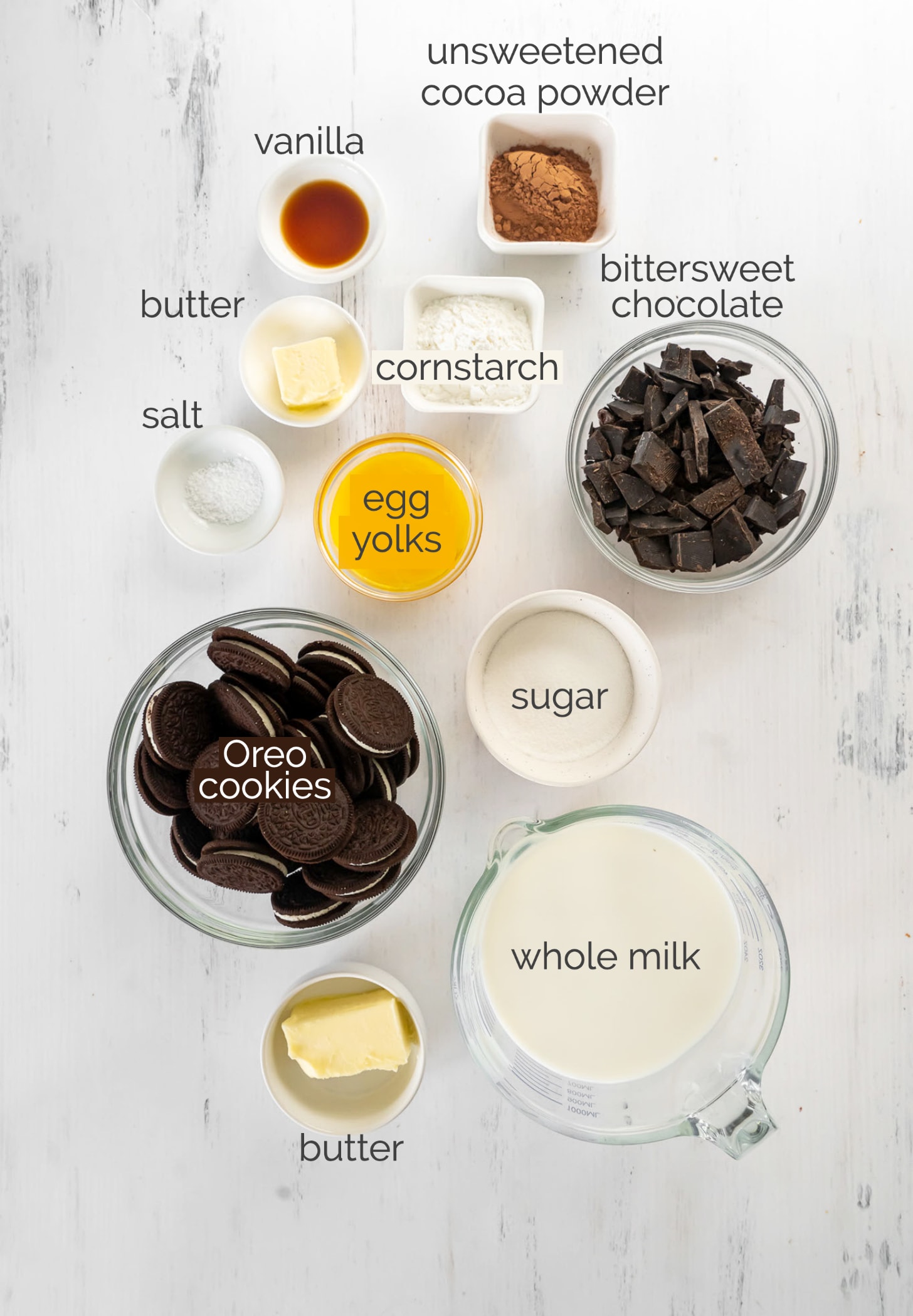 chocolate cream pie ingredients in bowls labeled with text