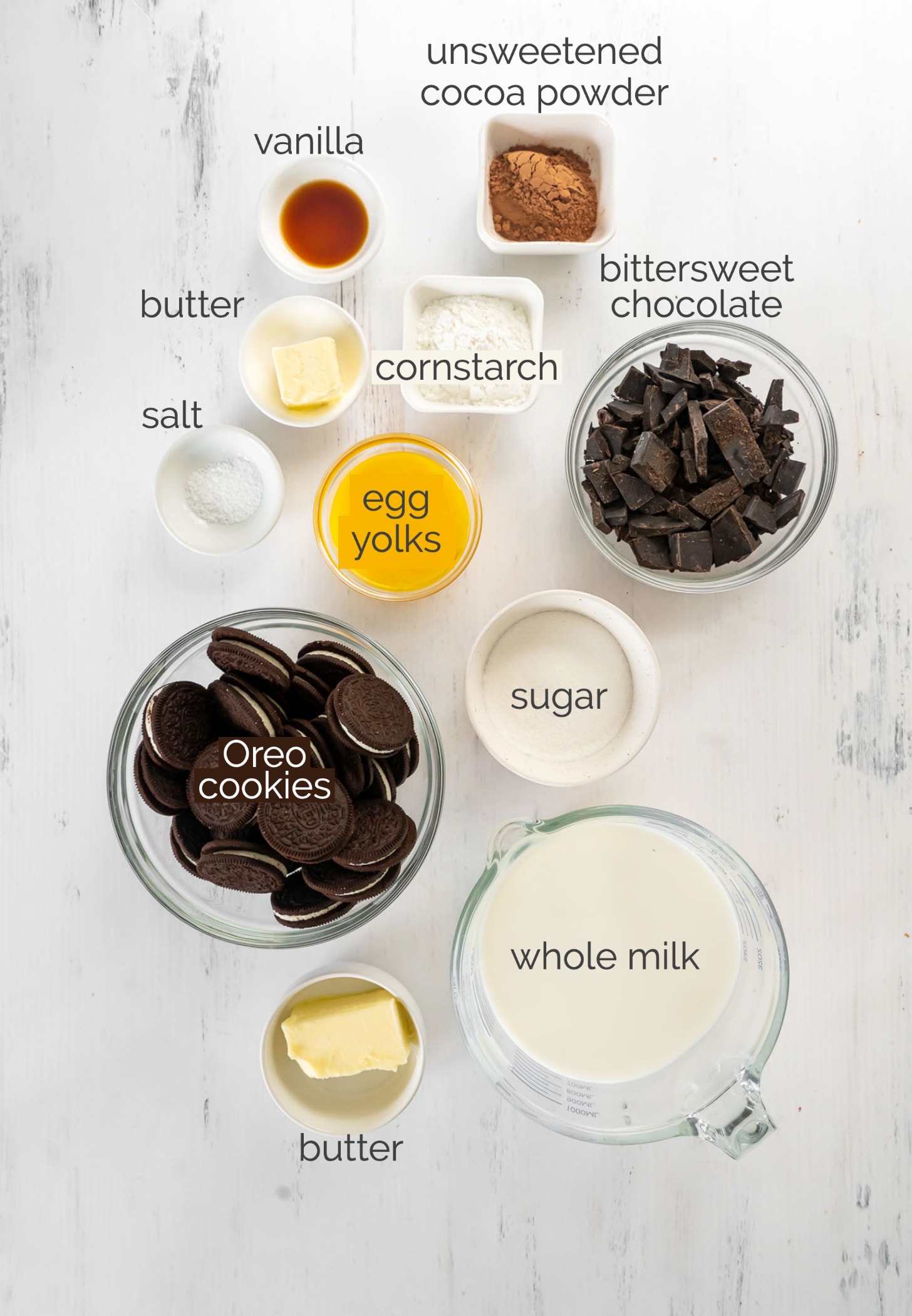 chocolate cream pie ingredients in bowls labeled with text