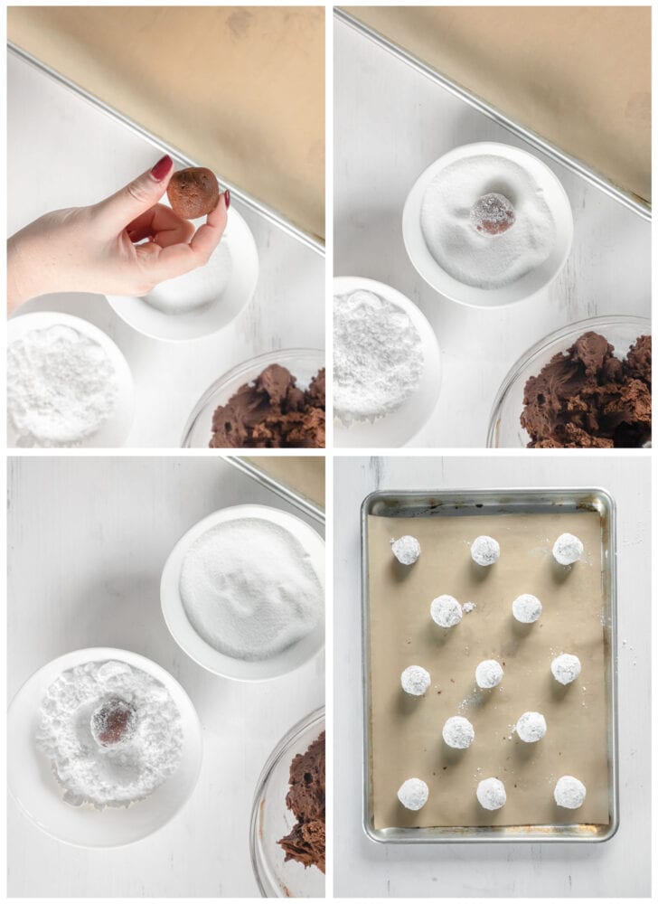 photo collage demonstrating how to roll chocolate crinkle cookie dough in sugar