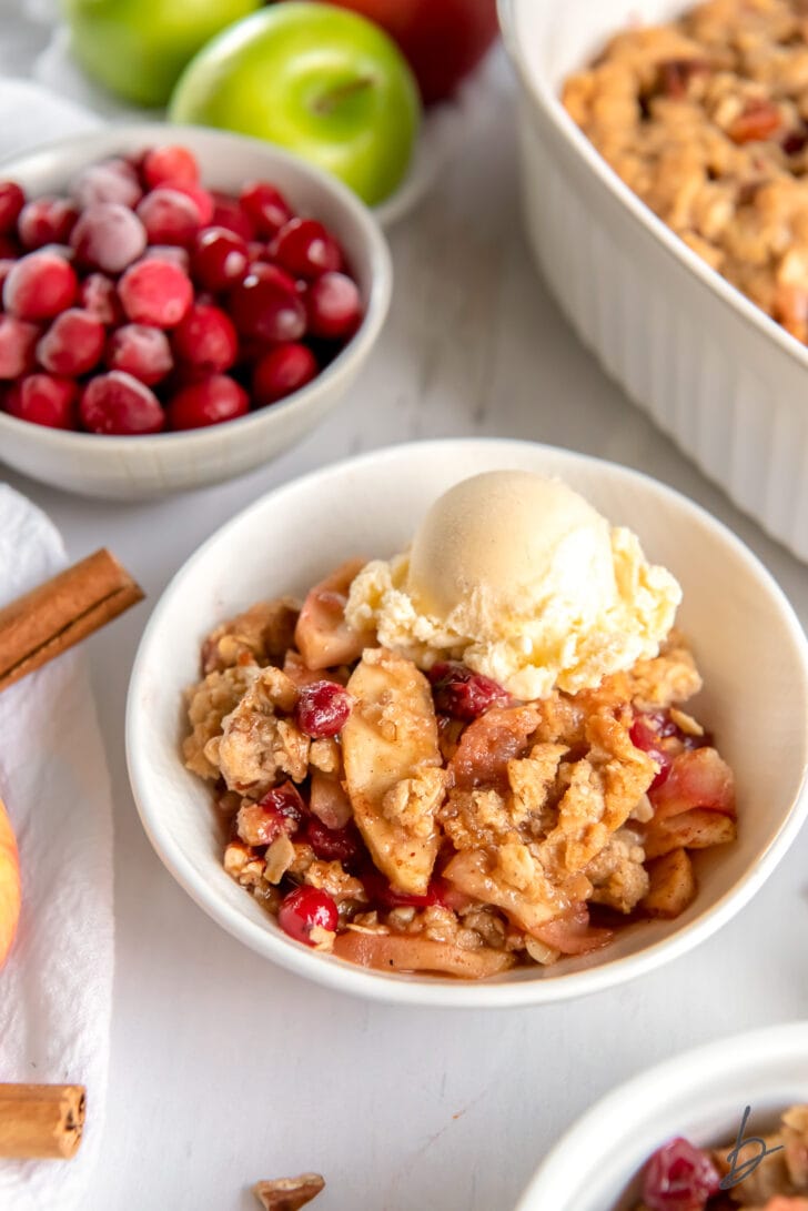 apple cranberry crisp serving with scoop of vanilla ice cream in white bowl with bowl of fresh cranberries behind
