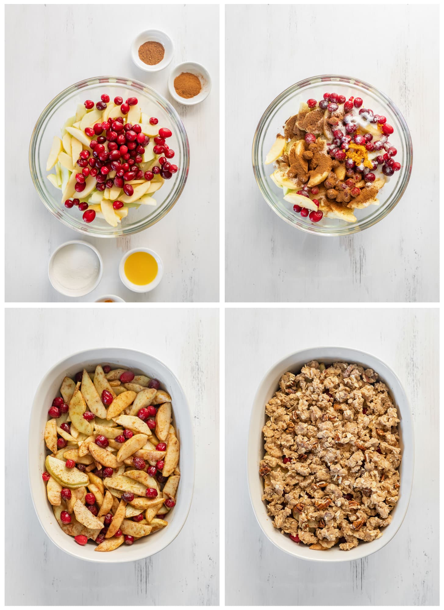 photo collage demonstrating how to make filling and assemble apple cranberry crisp.