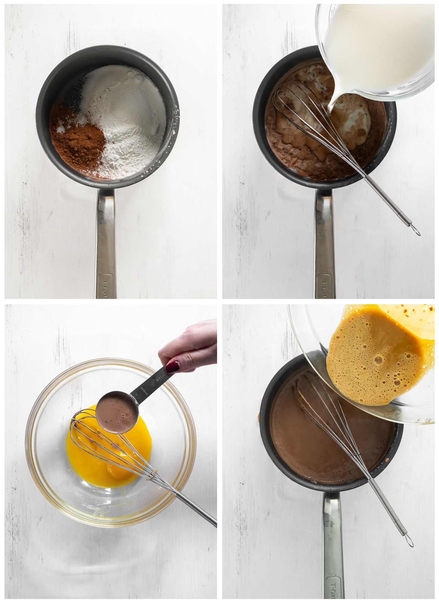 photo collage demonstrating how to make chocolate cream pie in saucepan and temper eggs