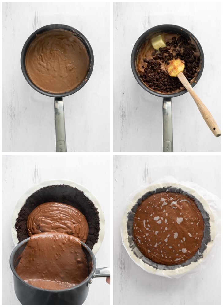 photo collage demonstrating how to melt chocolate for chocolate cream pie and add filling to cookie crust