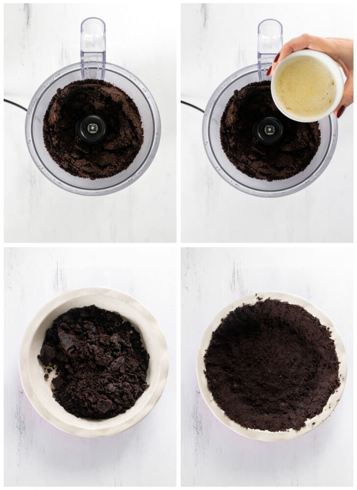 photo collage demonstrating how to make oreo cookie crust in food processor and pie plate