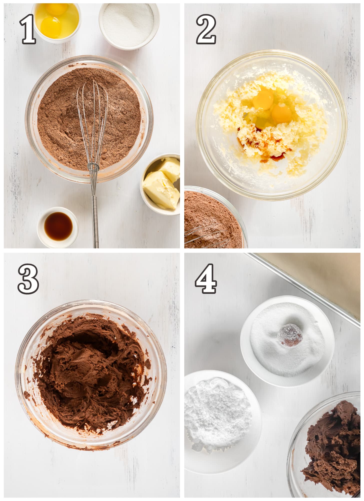 photo collage demonstrating how to make chocolate crinkle cookie dough in a glass mixing bowl.