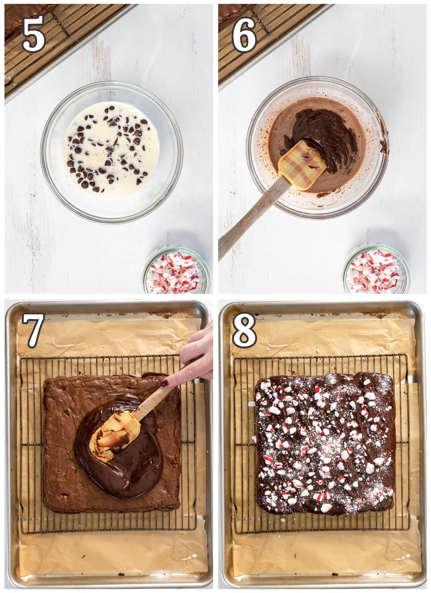 photo collage demonstrating how to make chocolate ganache to top brownies with crushed peppermint.