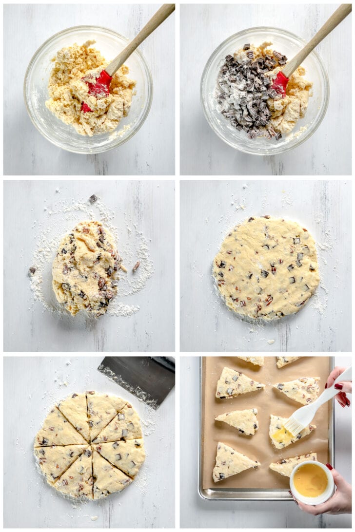 photo collage demonstrating how to shape and cut chocolate pecan scones with egg wash