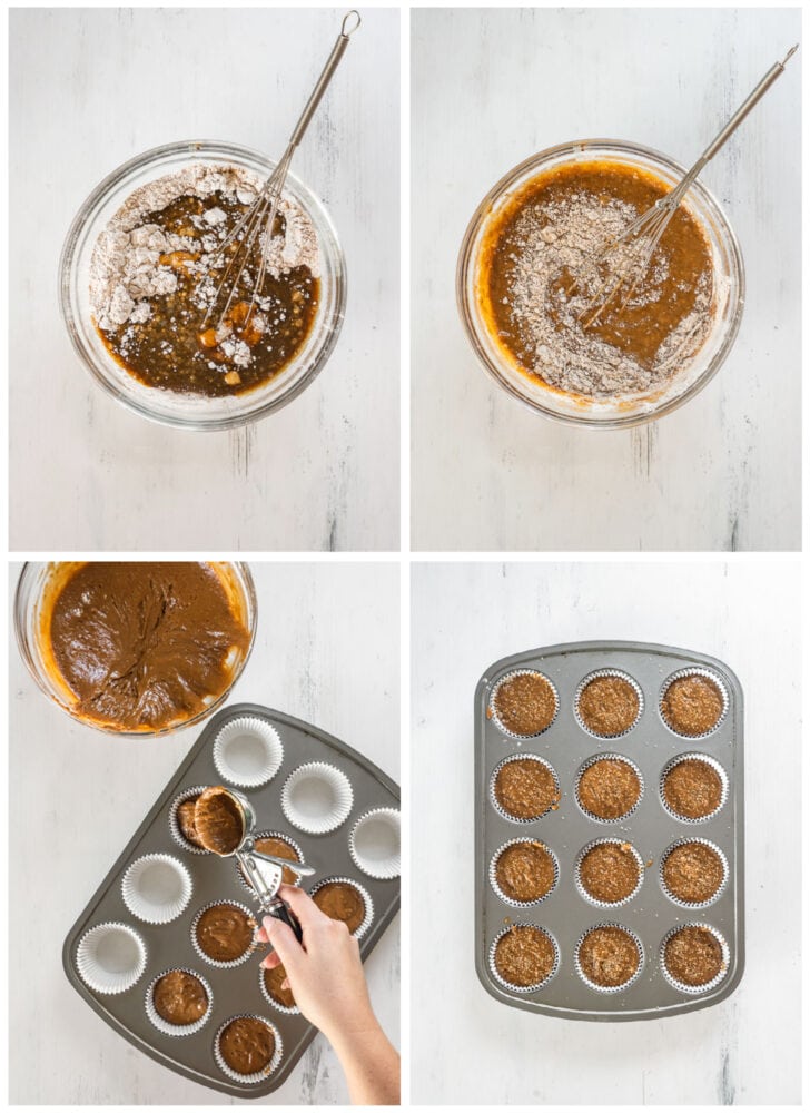 photo collage demonstrating how to make gingerbread muffin batter in a glass mixing bowl and muffin tin