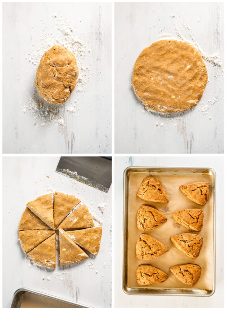 photo collage demonstrating how to cut and shape gingerbread scone dough
