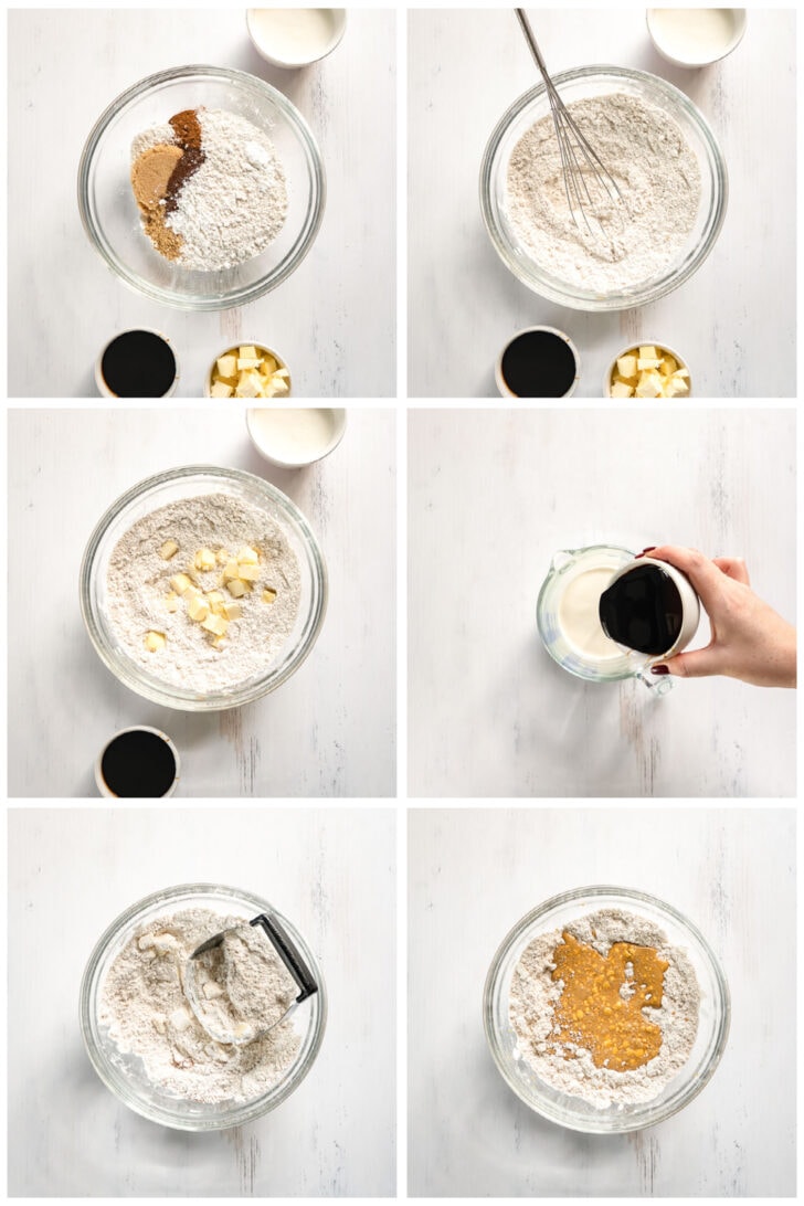 photo collage demonstrating how to make gingerbread scone dough in a glass mixing bowl with a pastry cutter
