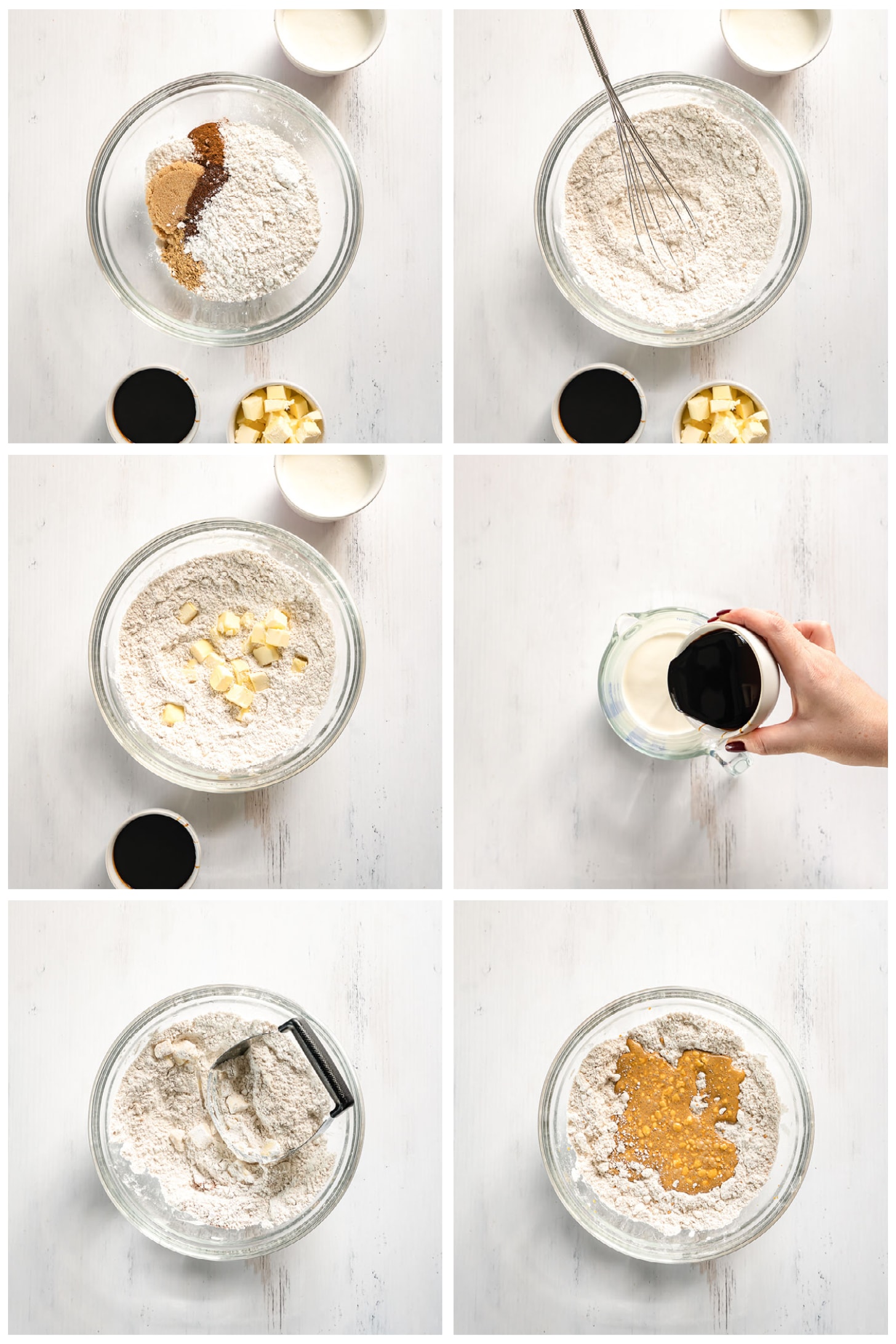 photo collage demonstrating how to make gingerbread scone dough in a glass mixing bowl with a pastry cutter