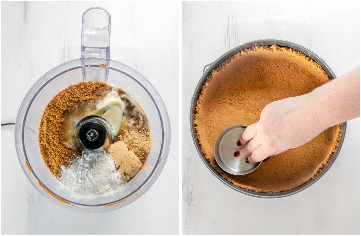 Two photos showing how to make gingersnap crust in a food processor and springform pan.