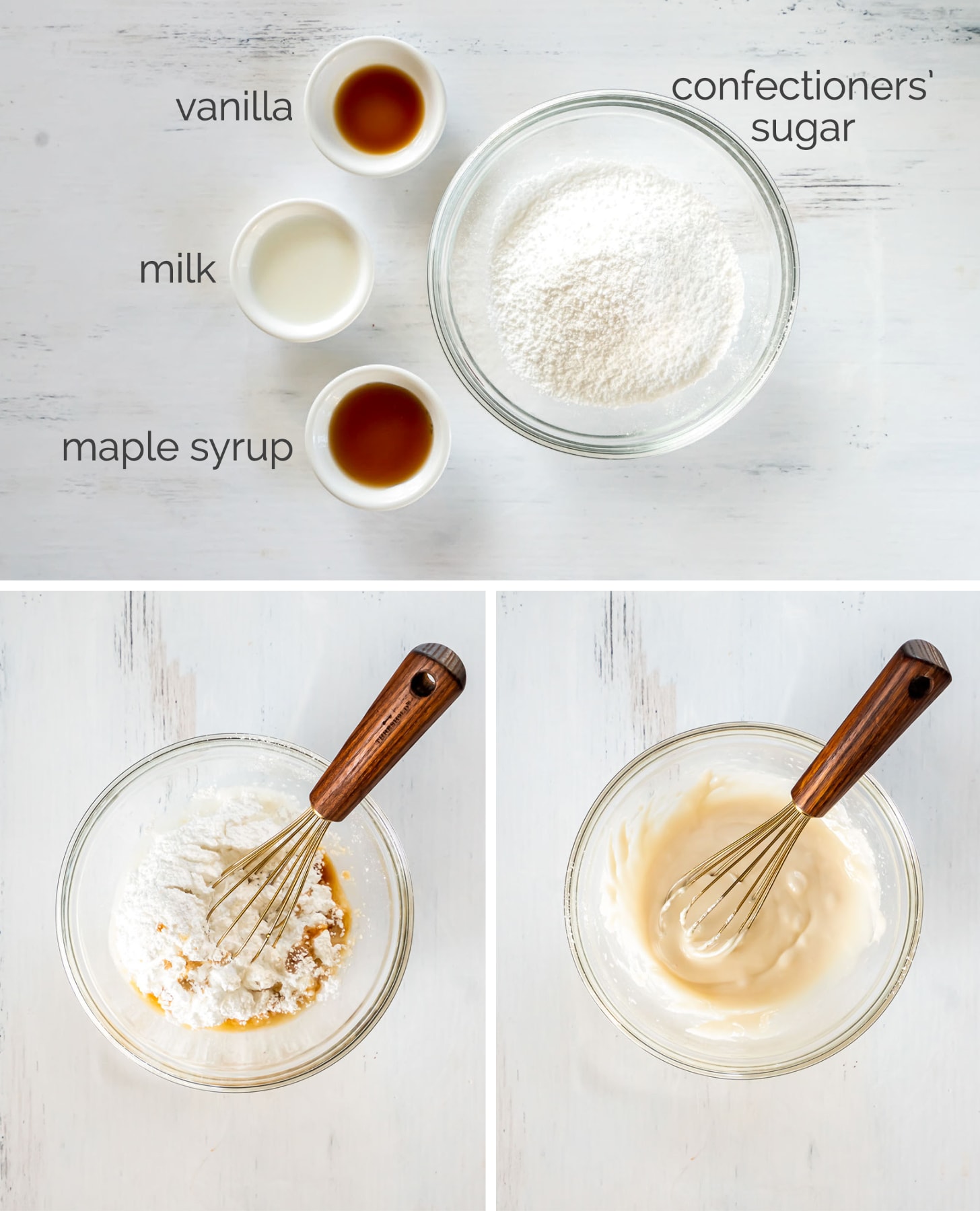 photo collage demonstrating how to make maple glaze for scones