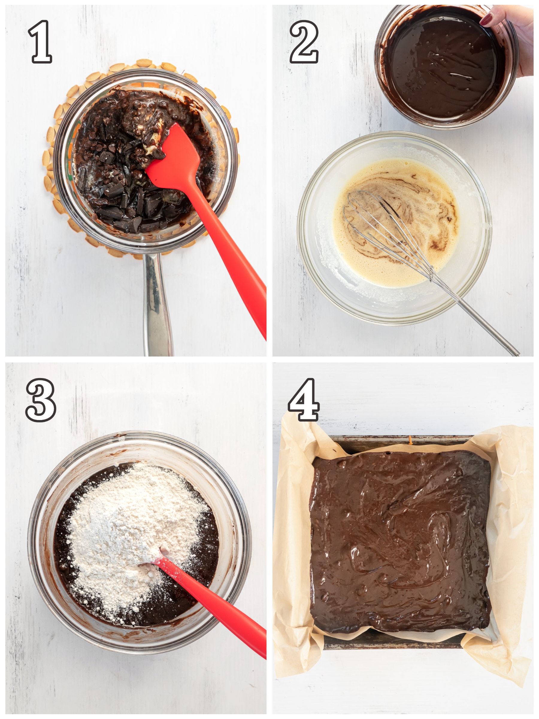 photo collage demonstrating how to make peppermint brownie batter in a mixing bowl and 8x8 pan.