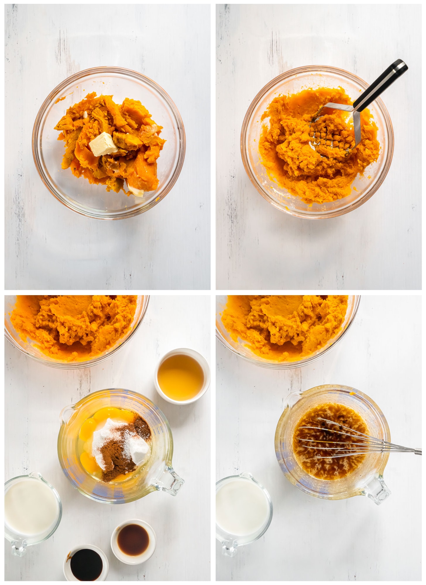 photo collage demonstrating how to make bourbon sweet potato pie filling in a glass mixing bowl with a potato masher