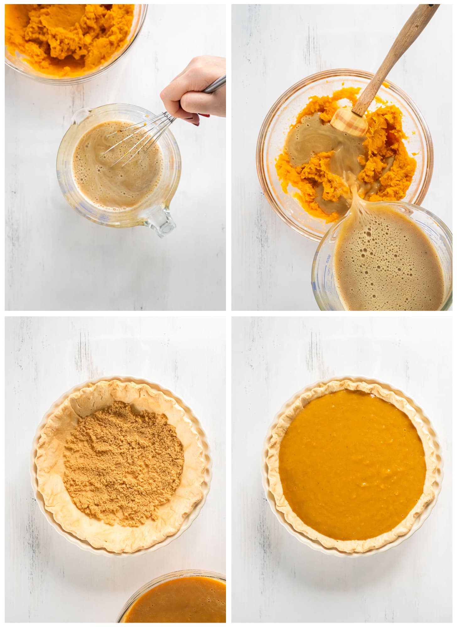 photo collage demonstrating how to make sweet potato pie filling in a mixing bowl and adding it to a partially baked pie shell