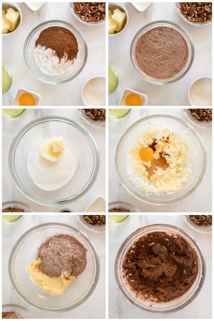 photo collage demonstrating how to make chocolate cookie dough in a glass mixing bowl for turtle cookies