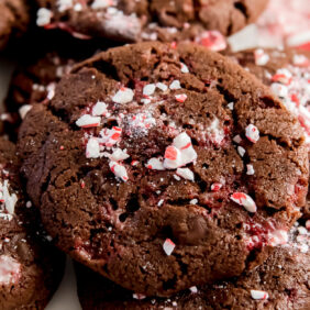 double chocolate peppermint cookie with crushed peppermint sprinkled on top