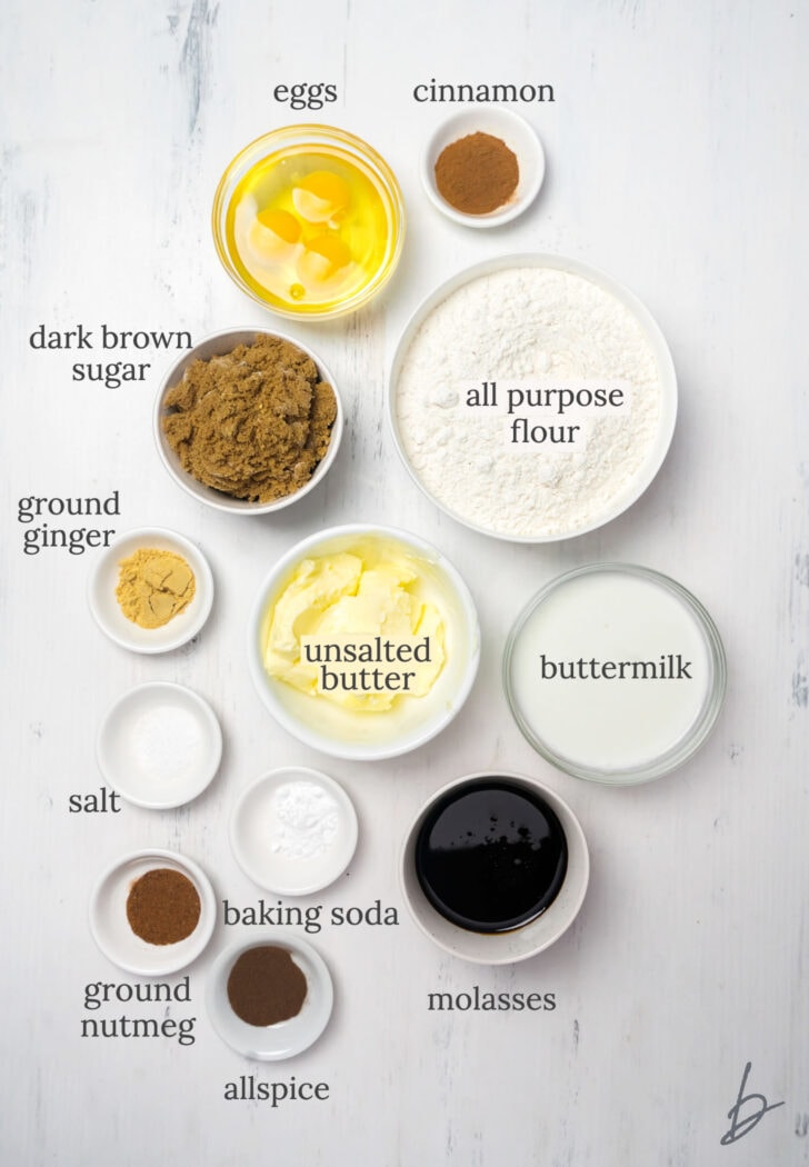 gingerbread bundt cake ingredients in bowls labeled with text