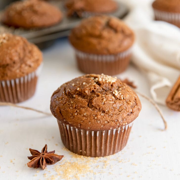 gingerbread muffin next to anise star and sprinkle of sugar