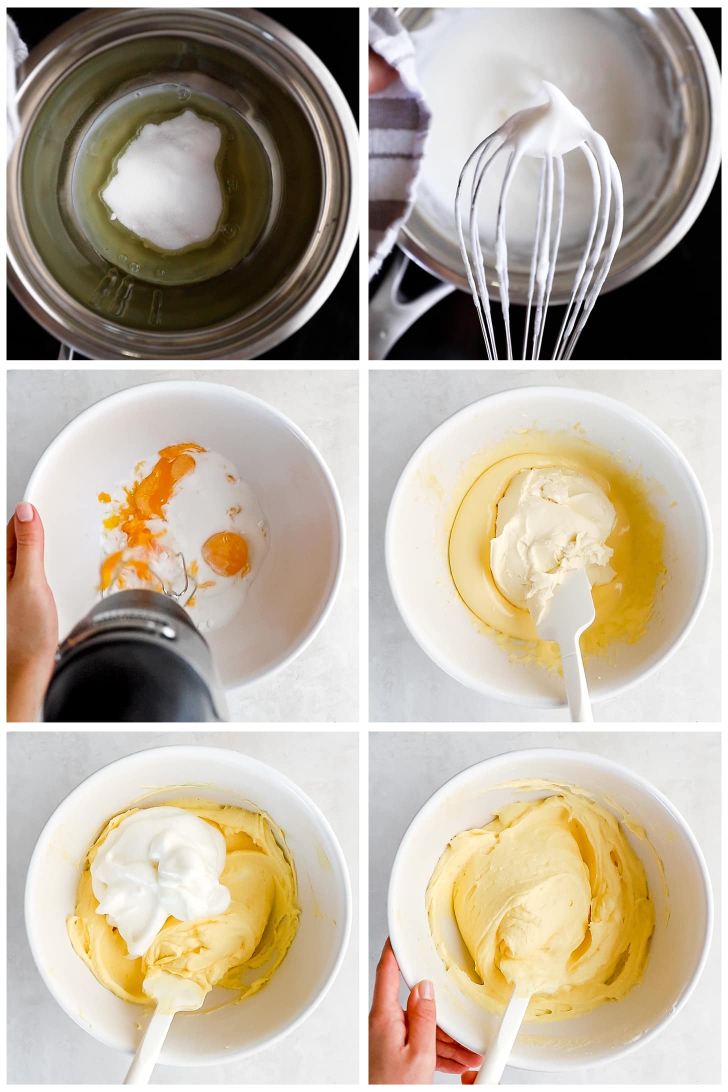 photo collage demonstrating how to make mascarpone filling for authentic tiramisu