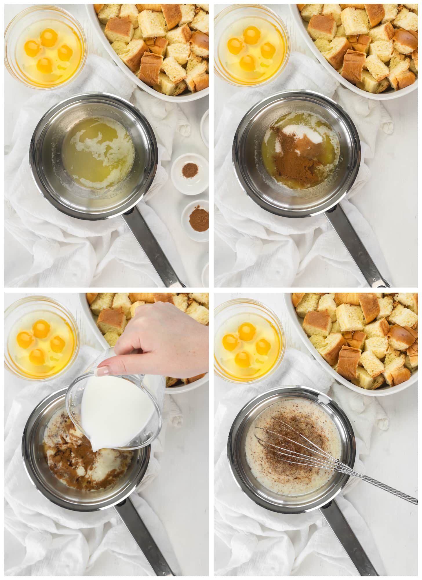 photo collage demonstrating how to make pudding mixture for bread pudding