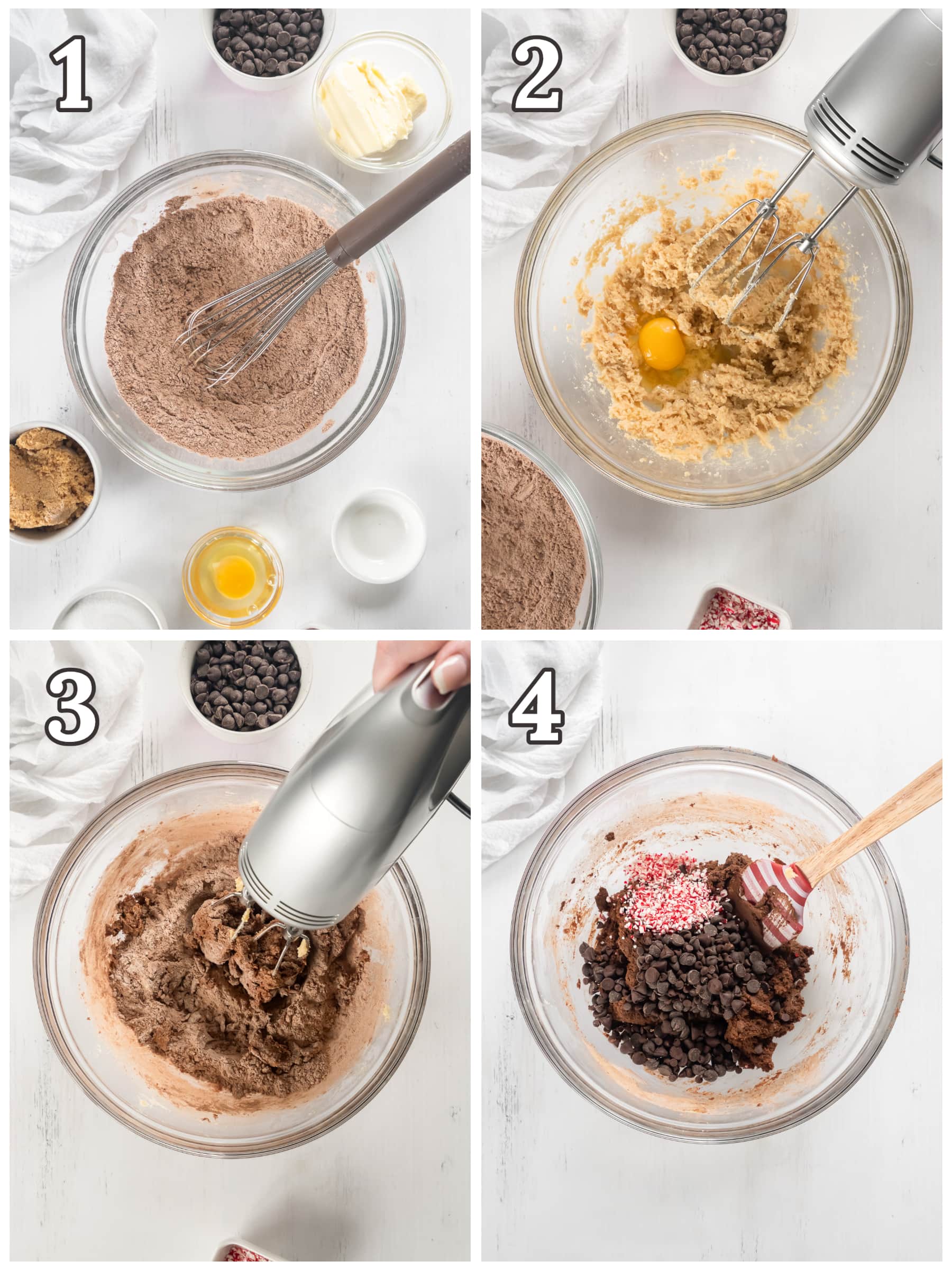 photo collage demonstrating how to make chocolate peppermint cookie dough in a mixing bowl with a hand mixer.