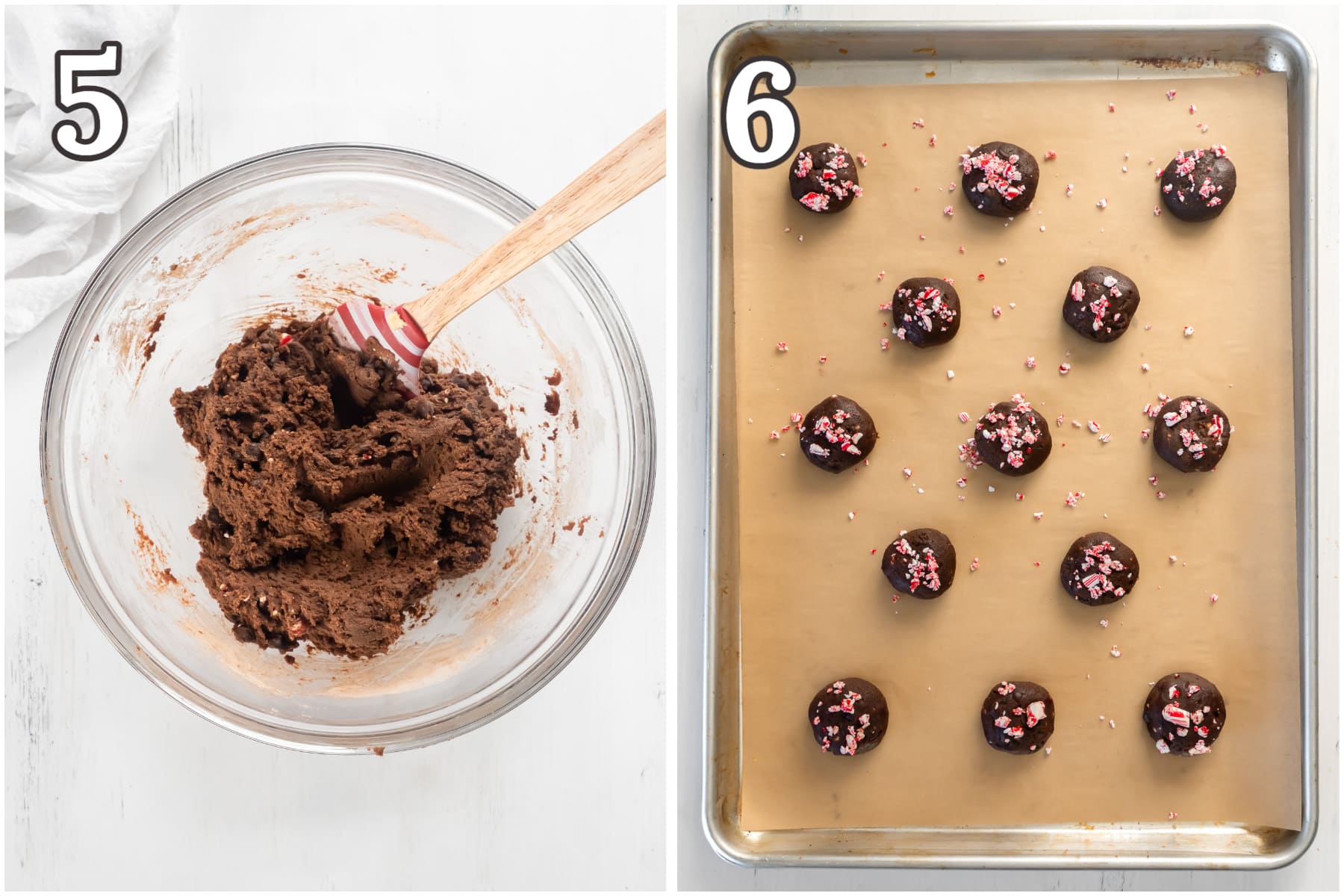photo collage demonstrating how to make chocolate peppermint cookie dough and shape into balls.