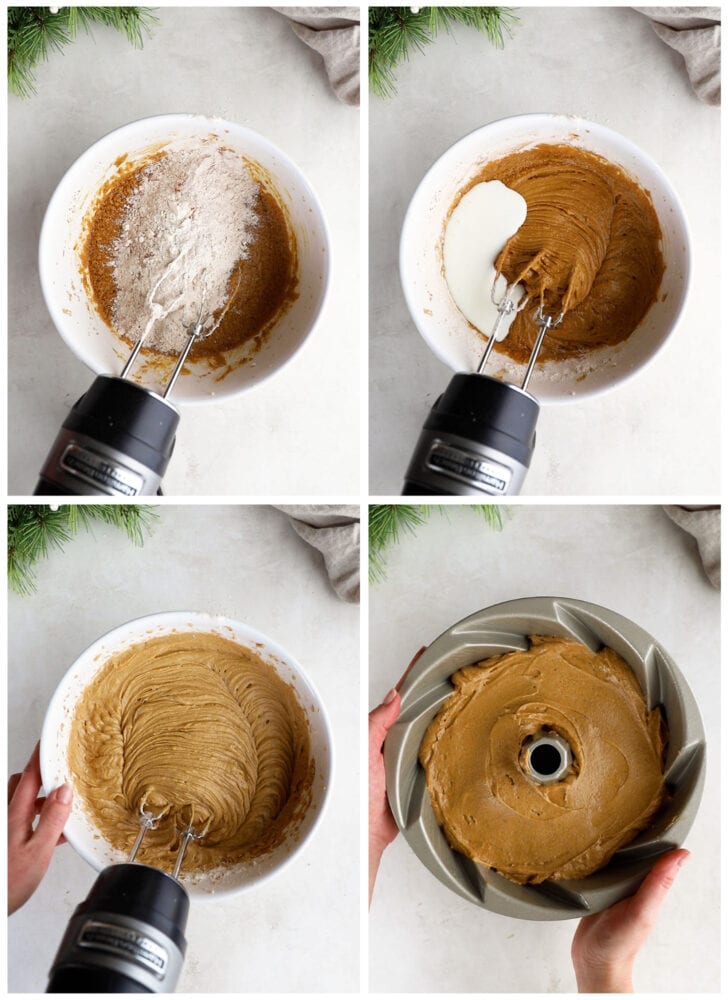 photo collage demonstrating how to make gingerbread bundt cake in a mixing bowl with a hand mixer and in a bundt cake pan