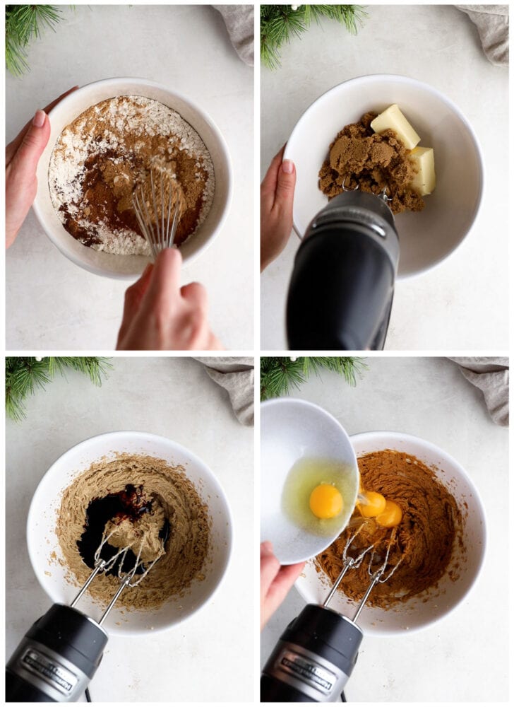 photo collage demonstrating how to make gingerbread bundt cake in a mixing bowl with a hand mixer