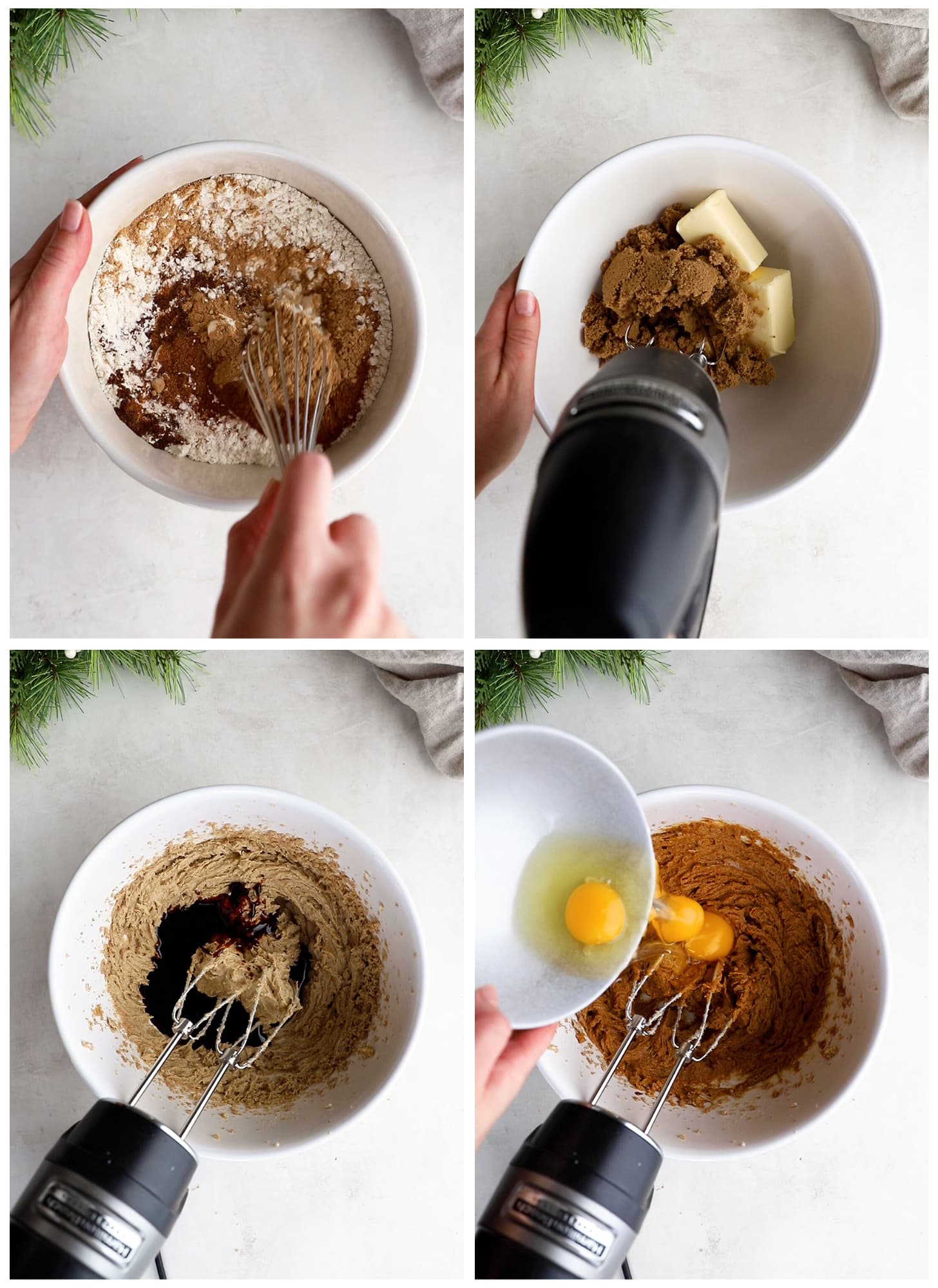 photo collage demonstrating how to make gingerbread bundt cake in a mixing bowl with a hand mixer.