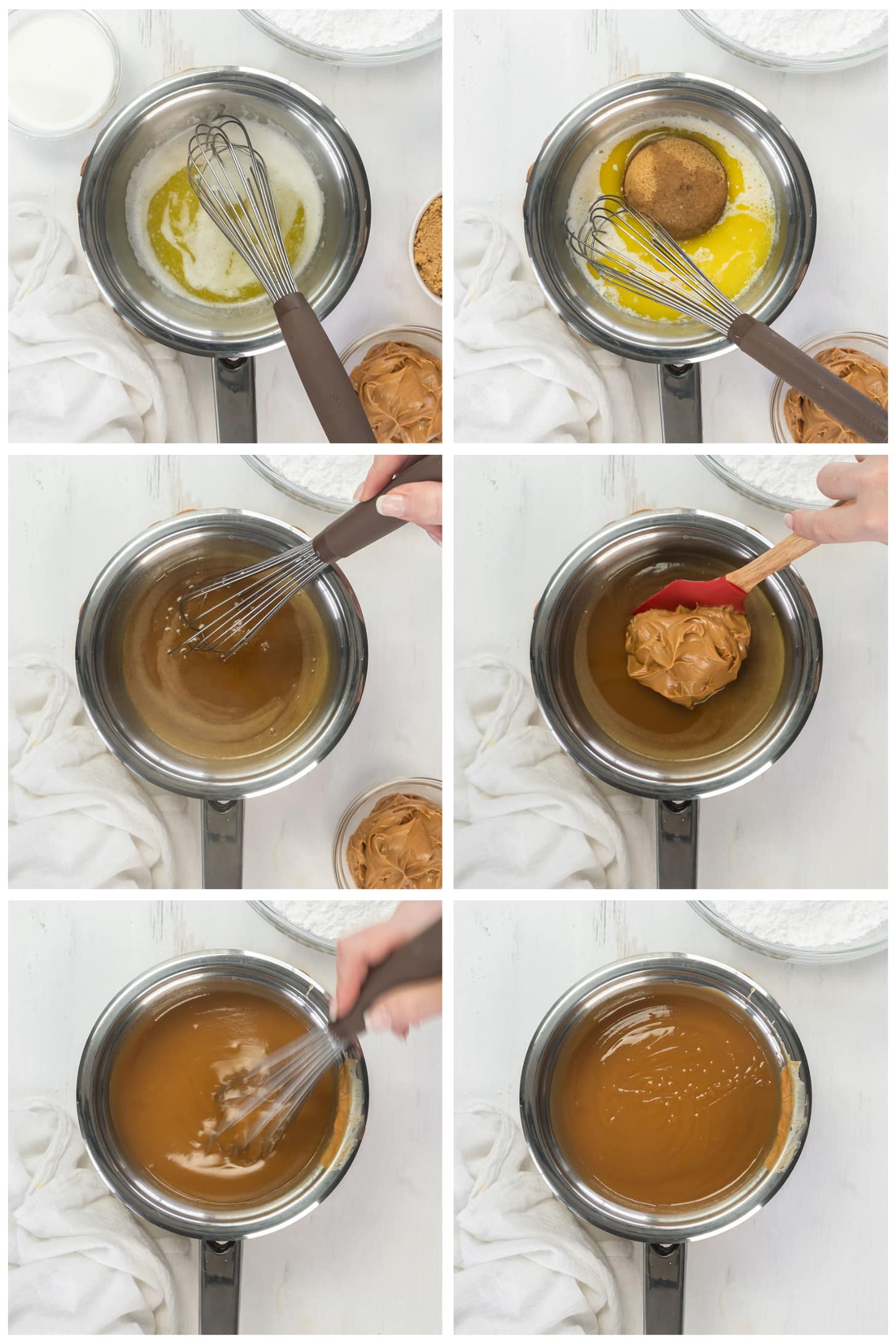 photo collage demonstrating how to make peanut butter fudge in a saucepan