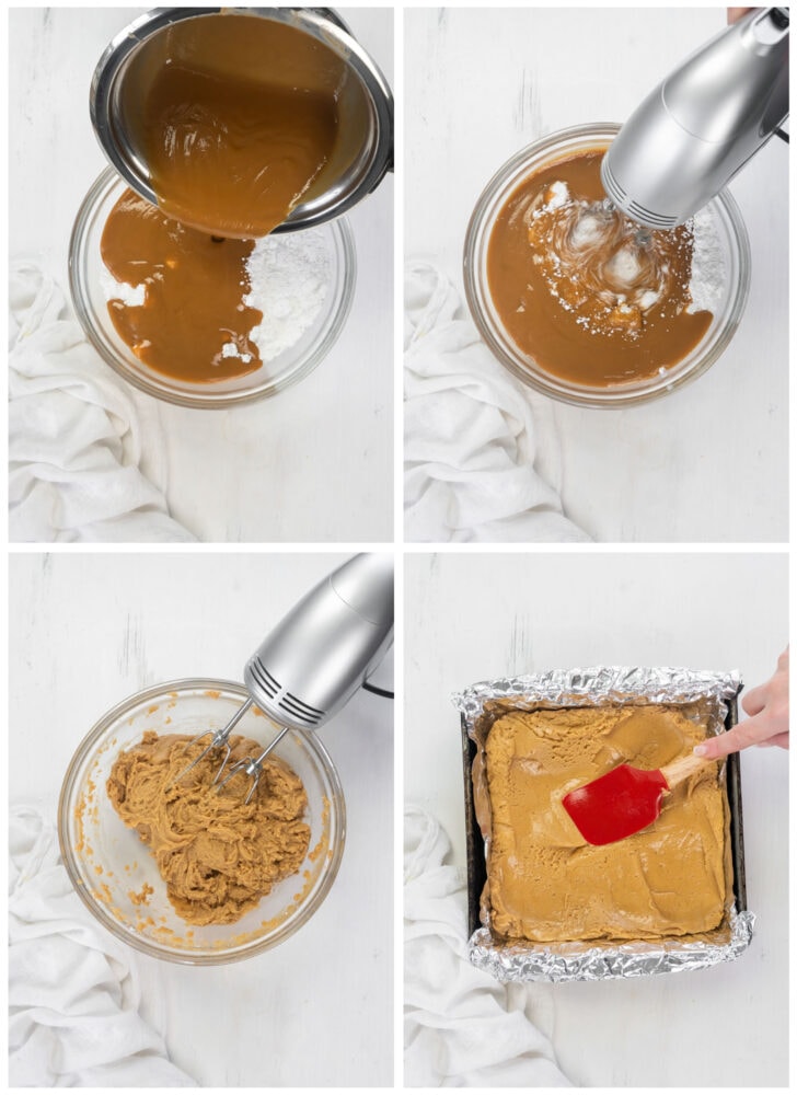 photo collage demonstrating how to make peanut butter fudge in a mixing bowl