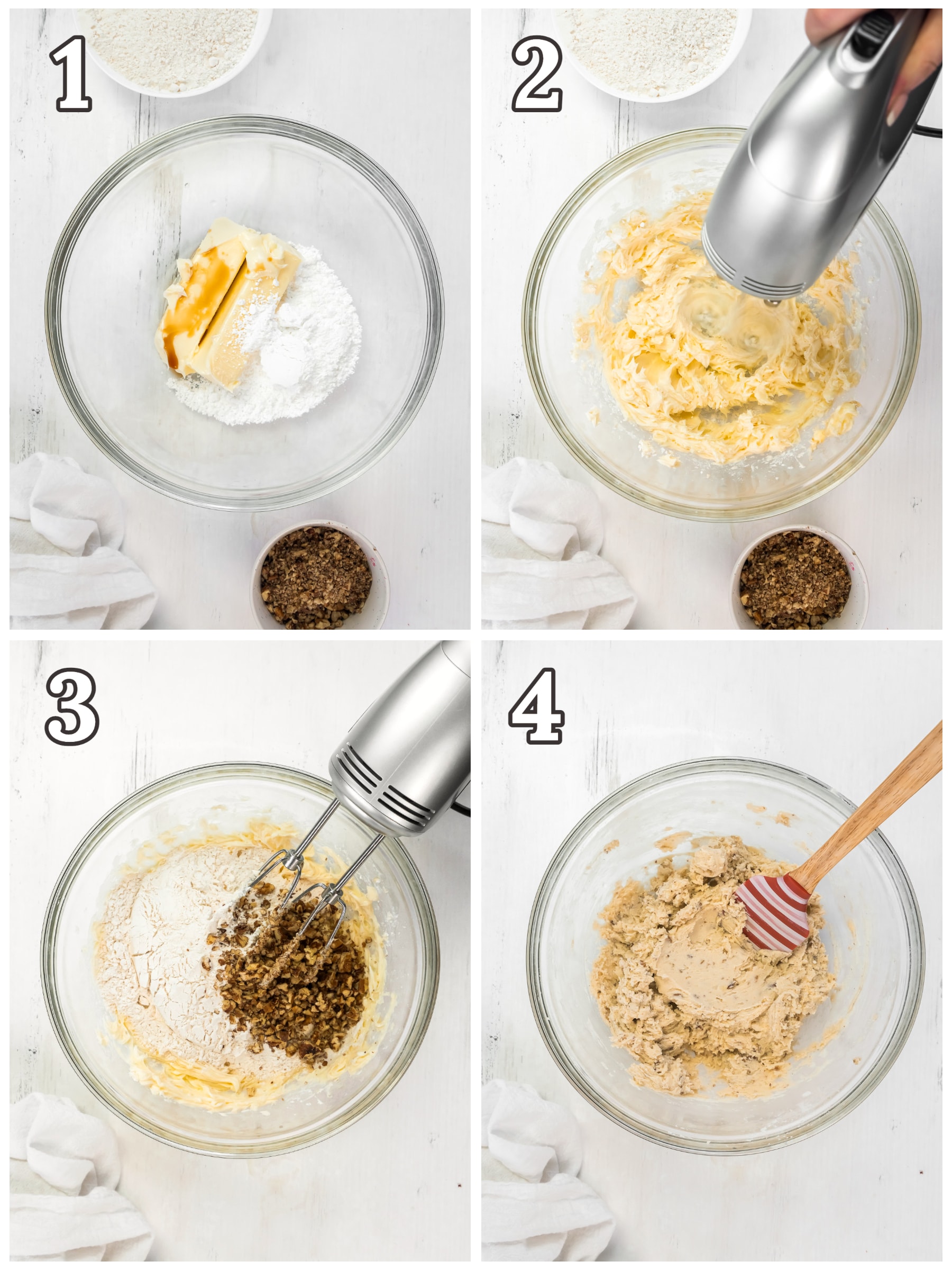 photo collage demonstrating how to make snowball cookie dough in a mixing bowl with a hand mixer.
