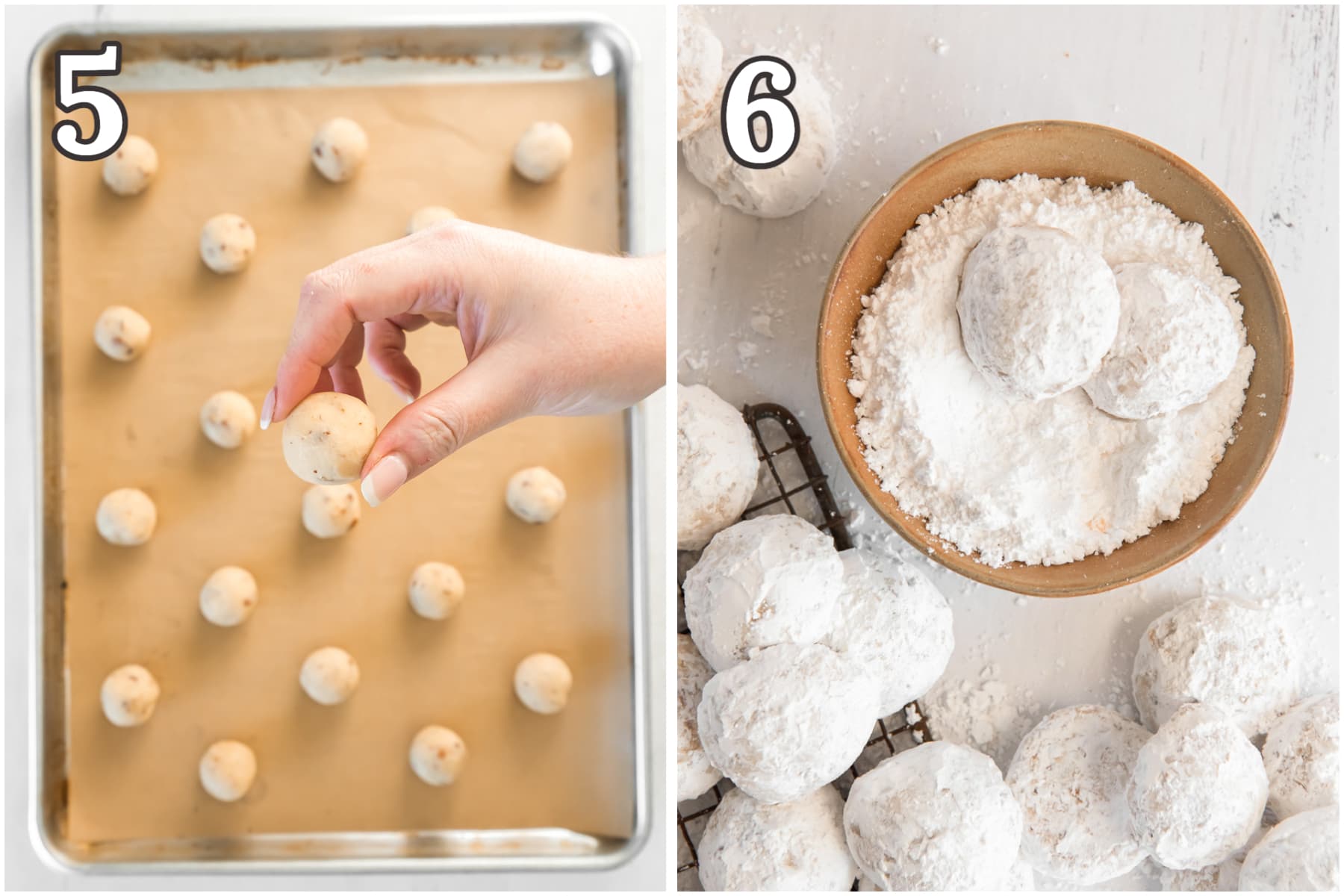 photo collage demonstrating how to shape snowball cookies and roll them in powdered sugar.
