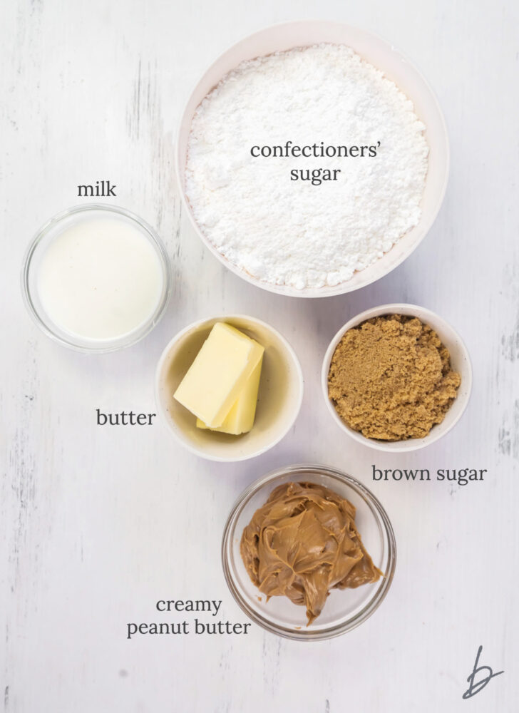 five peanut butter fudge ingredients in bowls with text