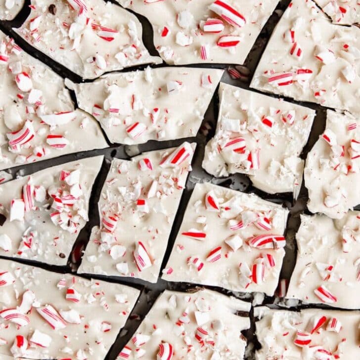 peppermint bark pieces topped with with crushed candy cane pieces
