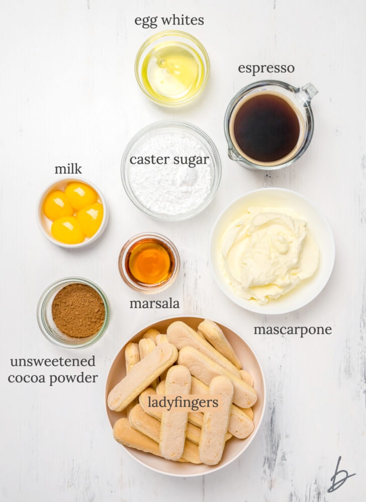 tiramisu ingredients in bowls labeled with text