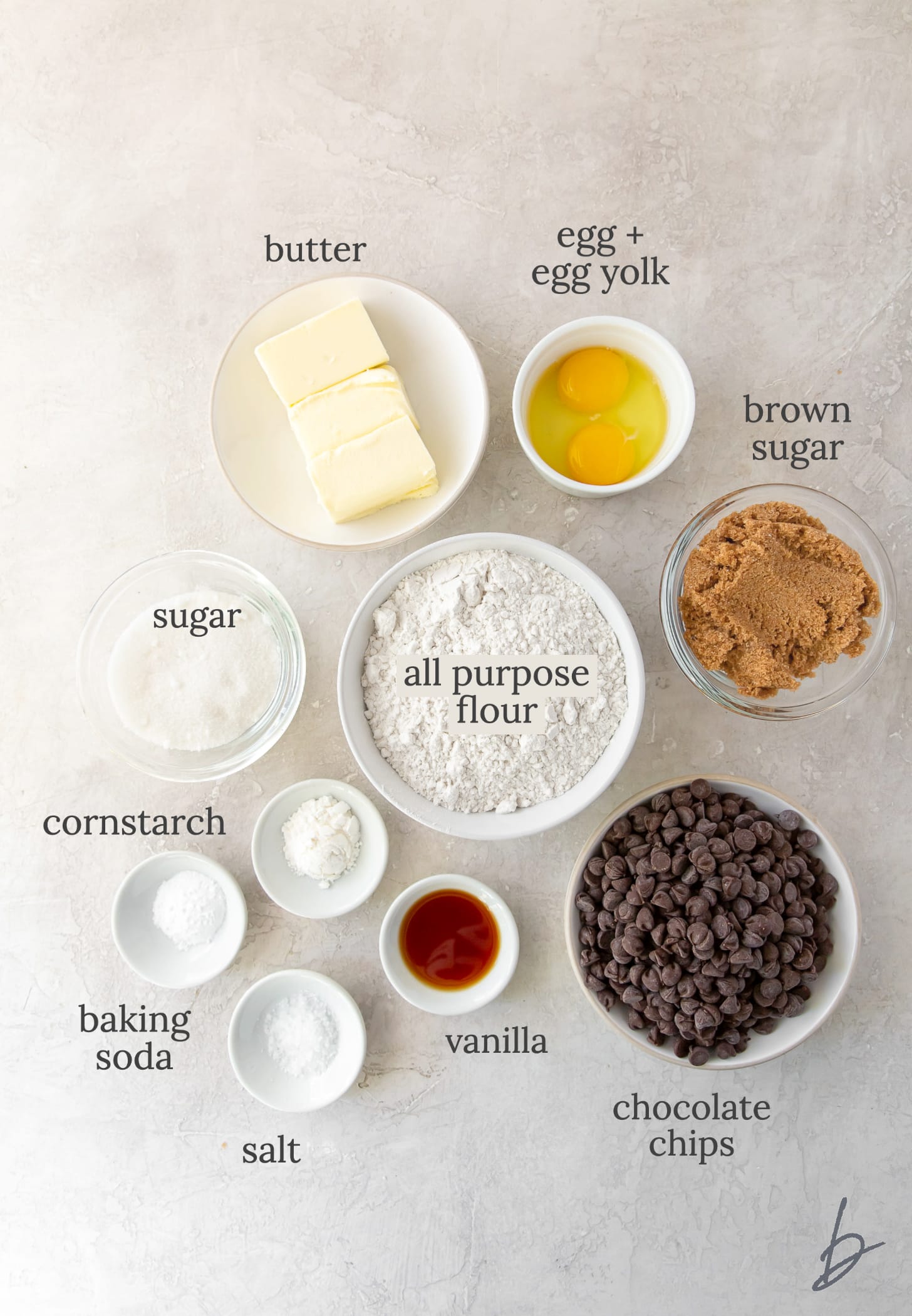 chocolate chip cookie bars ingredients in bowls labeled with text