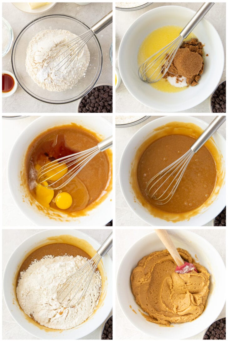 photo collage demonstrating how to make dough for chocolate chip cookie bars in a mixing bowl