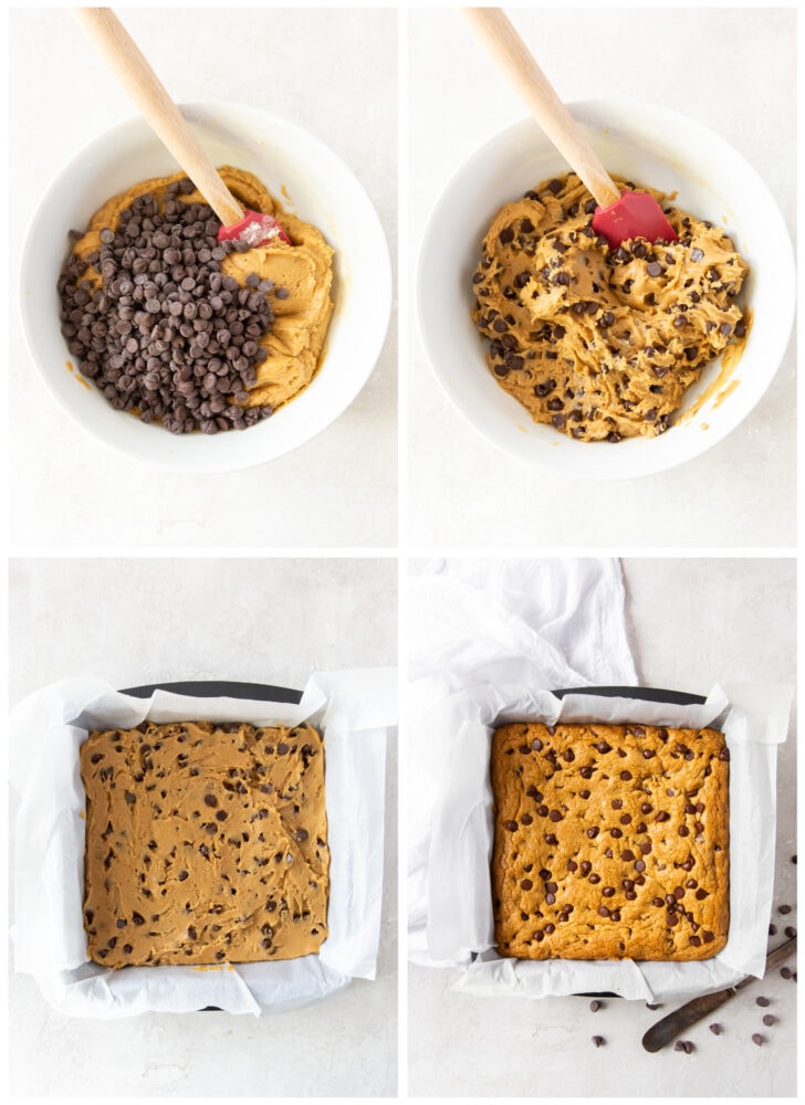 photo collage demonstrating how to make chocolate chip cookie bars in a square baking pan