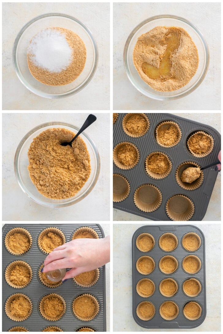 photo collage demonstrating how to make graham cracker crust for mini cheesecakes
