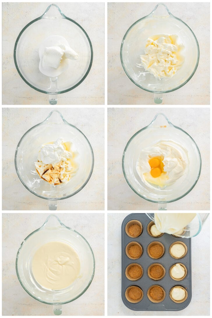 photo collage demonstrating how to make mini cheesecakes in muffin tin