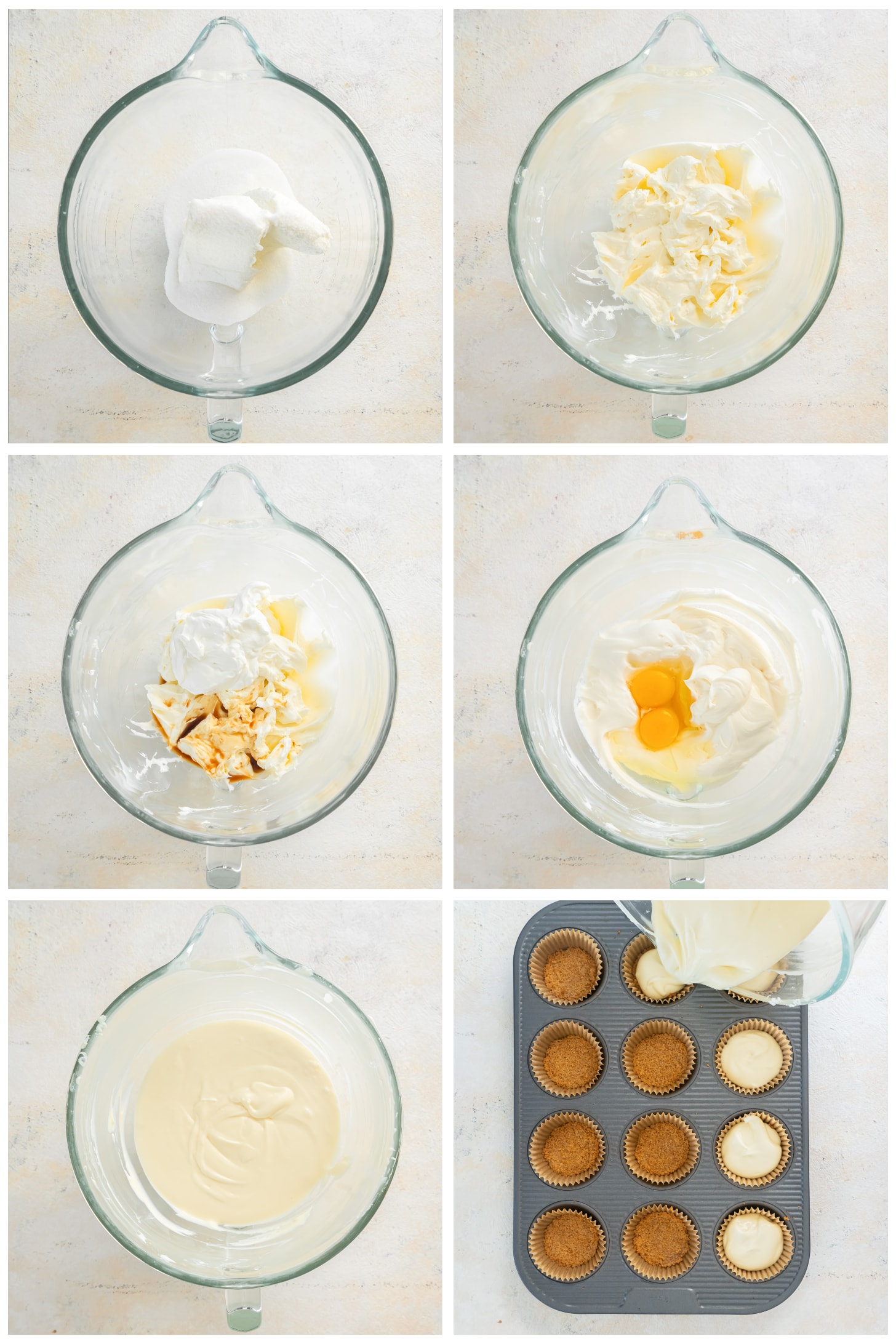 photo collage demonstrating how to pour mini cheesecakes filling into muffin tin.
