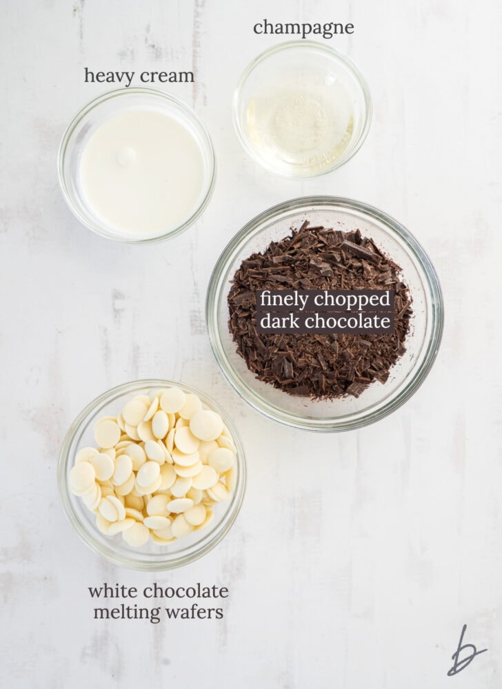 champagne truffles ingredients in bowls labeled with text